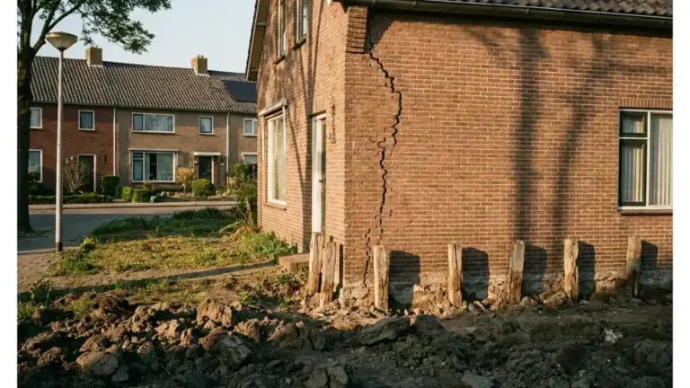Nederlandse bakstenen woning met zichtbare funderingsscheuren in de gevel en blootliggende houten funderingspalen in kleigrond